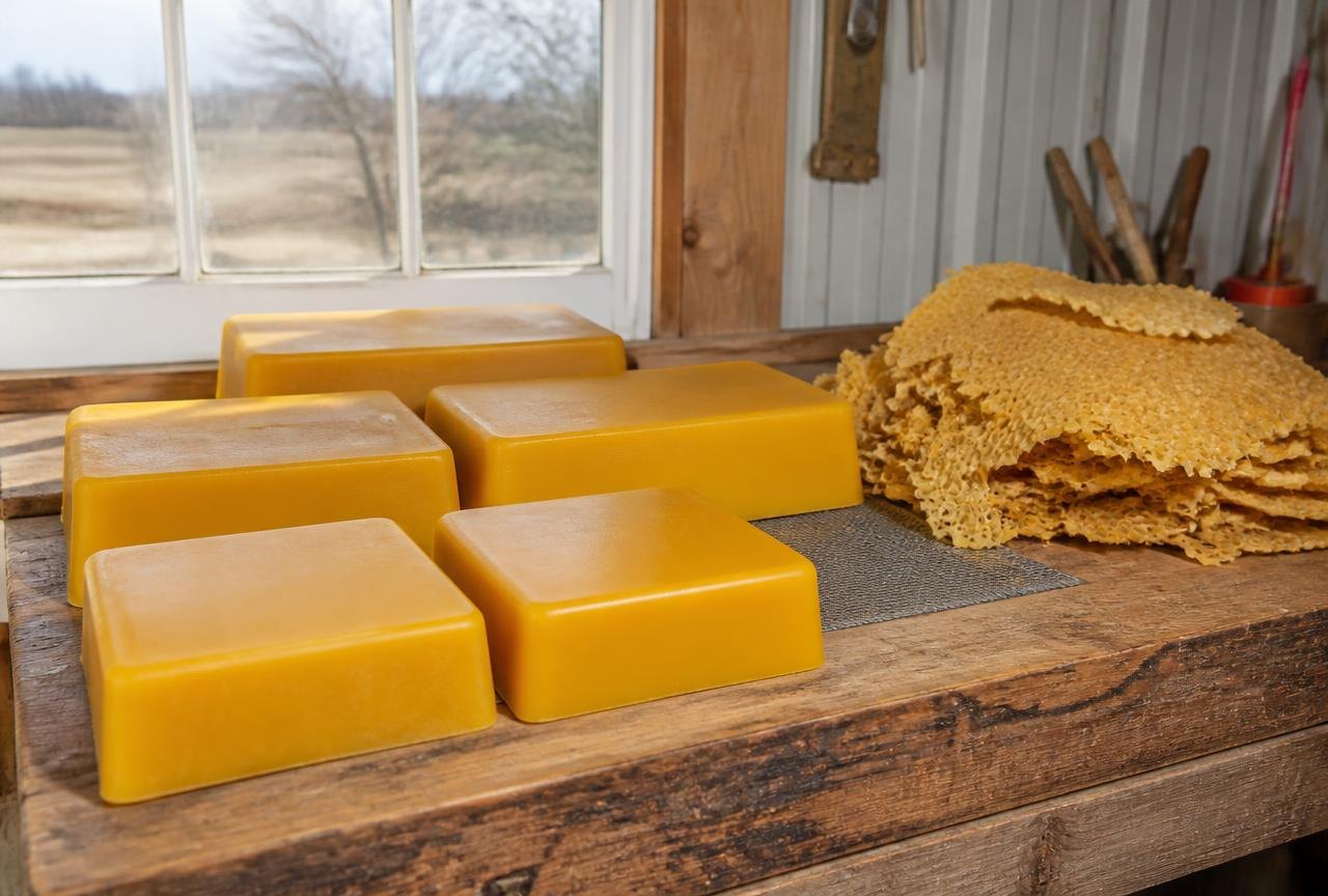 Blocks Of Clean Rendered Beeswax Cooling Next To Raw Cappings