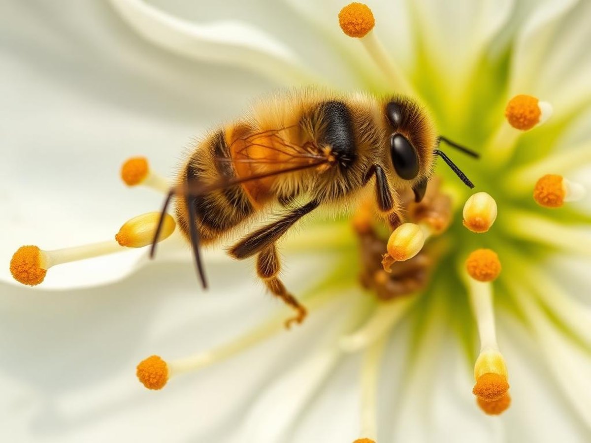 A Honeybee Transferring Pollen Inside A Blossom