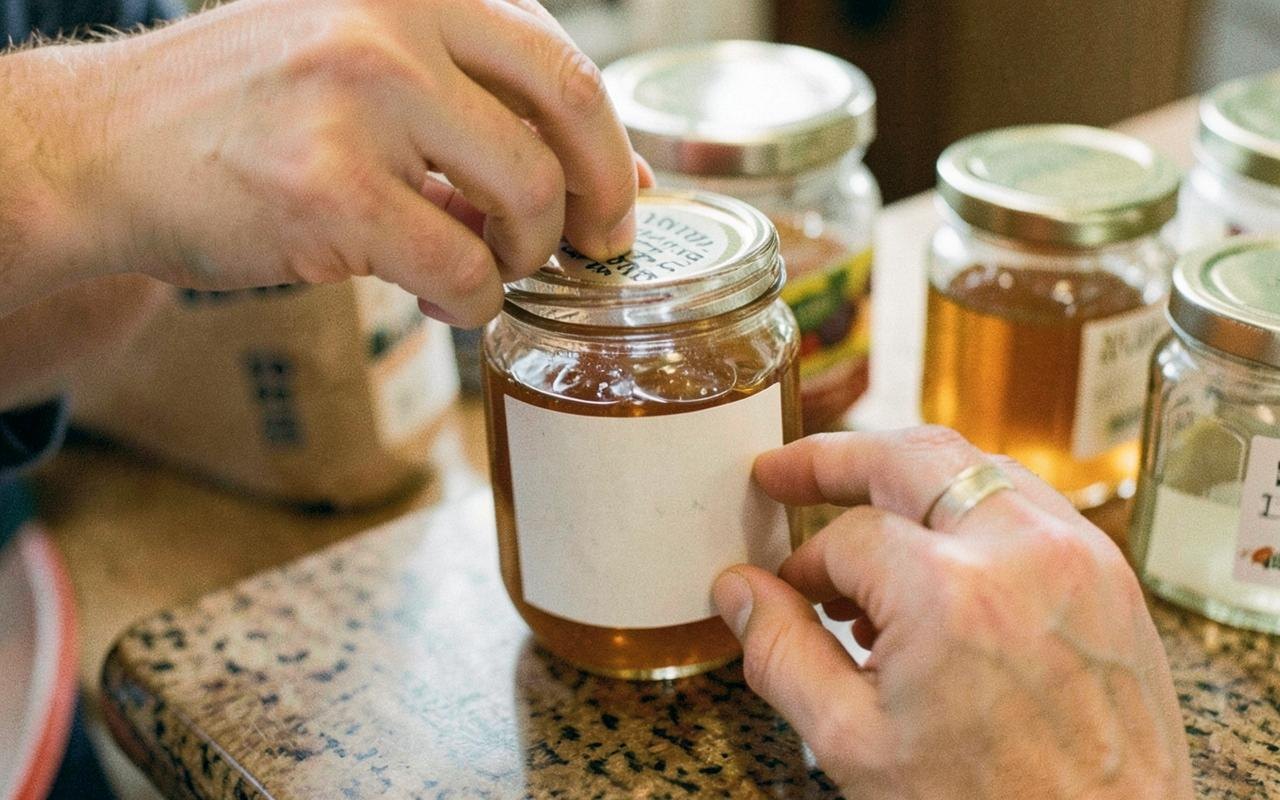 Hands Applying A Plain Label To A Filled Glass Honey Jar