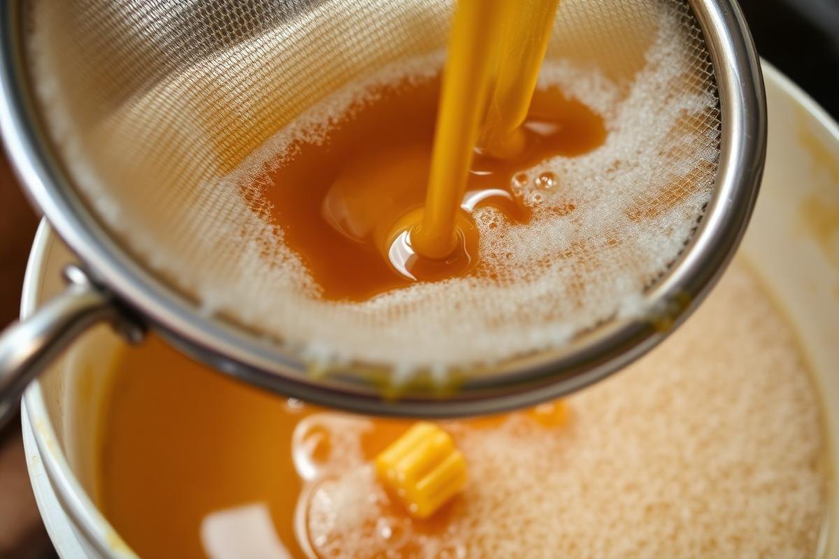 Warm Honey Passing Through A Double Sieve Into A Settling Bucket