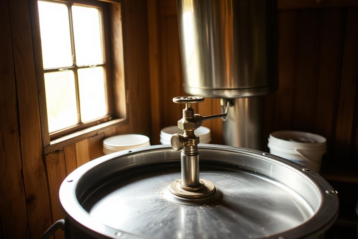 Beekeeper checking Settling Straining Honey Before for honey harvest