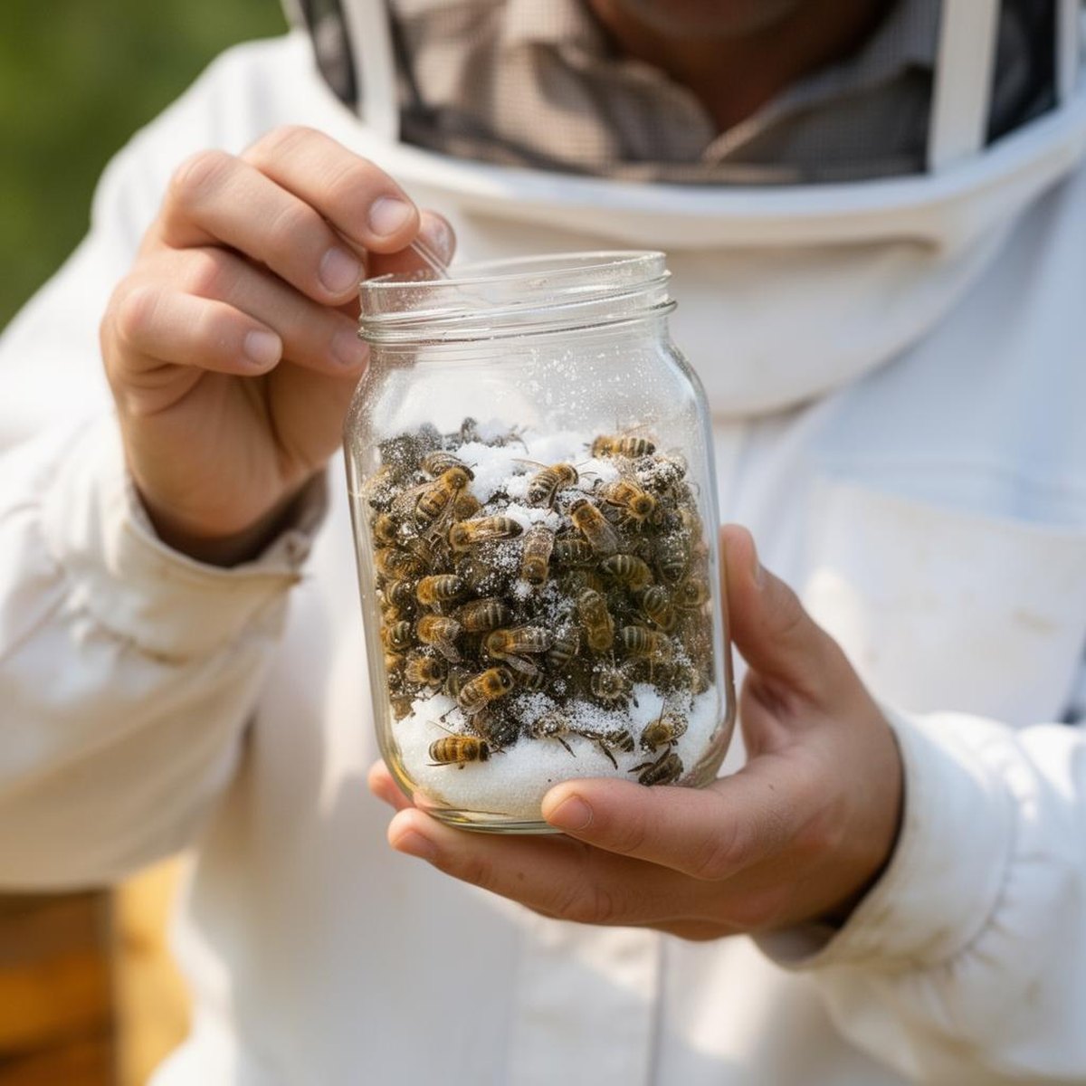 Beekeeper checking Spring Varroa Monitoring Sugar for colony health