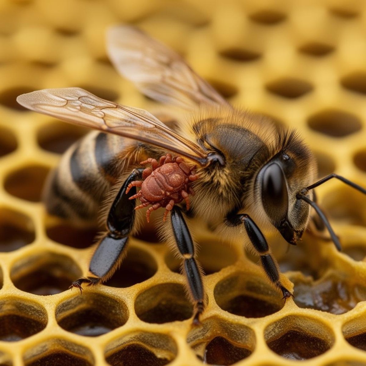 Honey Bee With A Varroa Mite Visible On Its Thorax