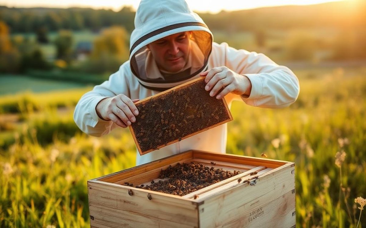Beekeeper checking Swarm Management Prevention Catching for apiary management