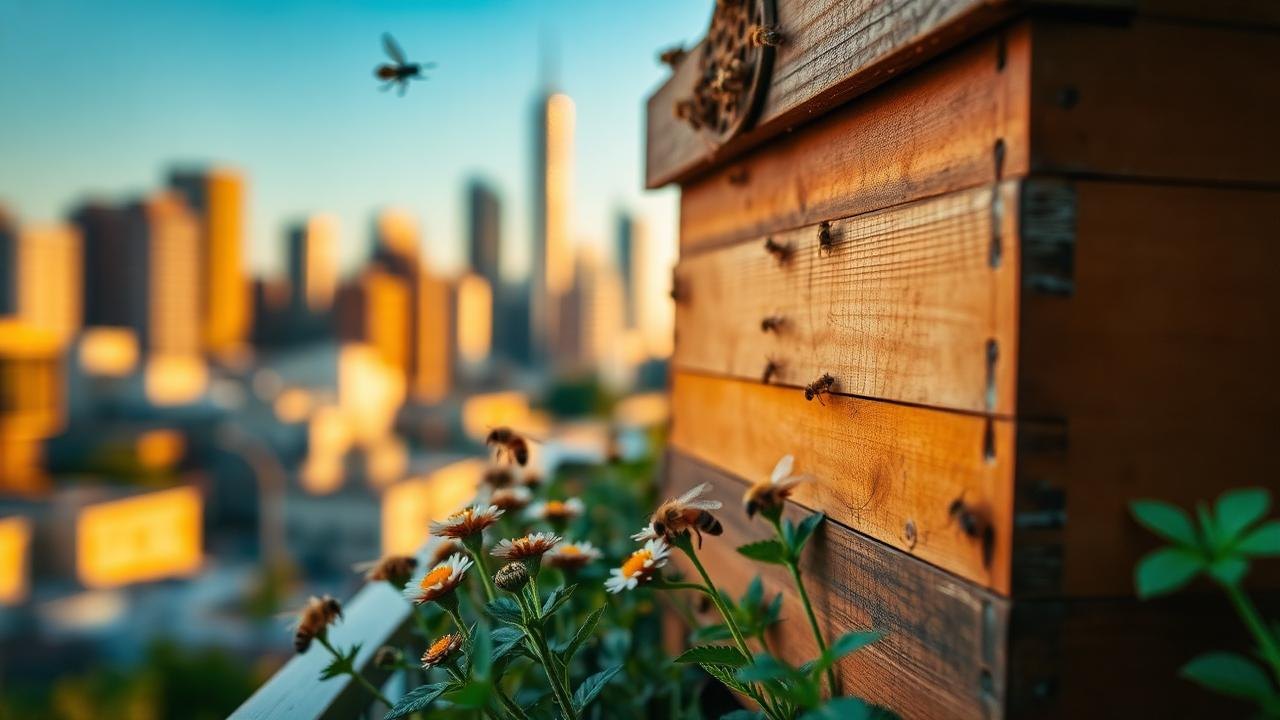 Urban Beehive With City Skyline And Flowering Plants