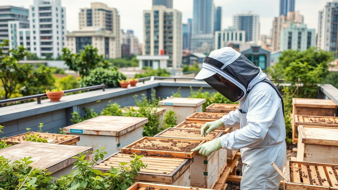 Beekeeper Managing Hives On A City Rooftop