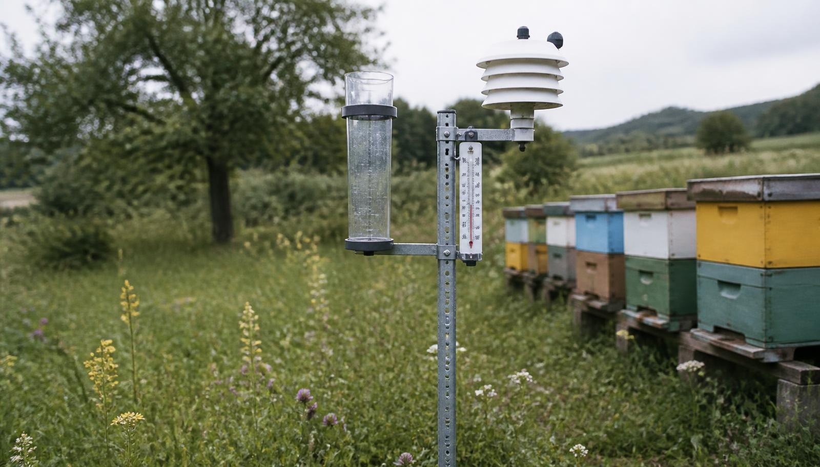 A Small Weather Station With Rain Gauge And Thermometer Beside Hives