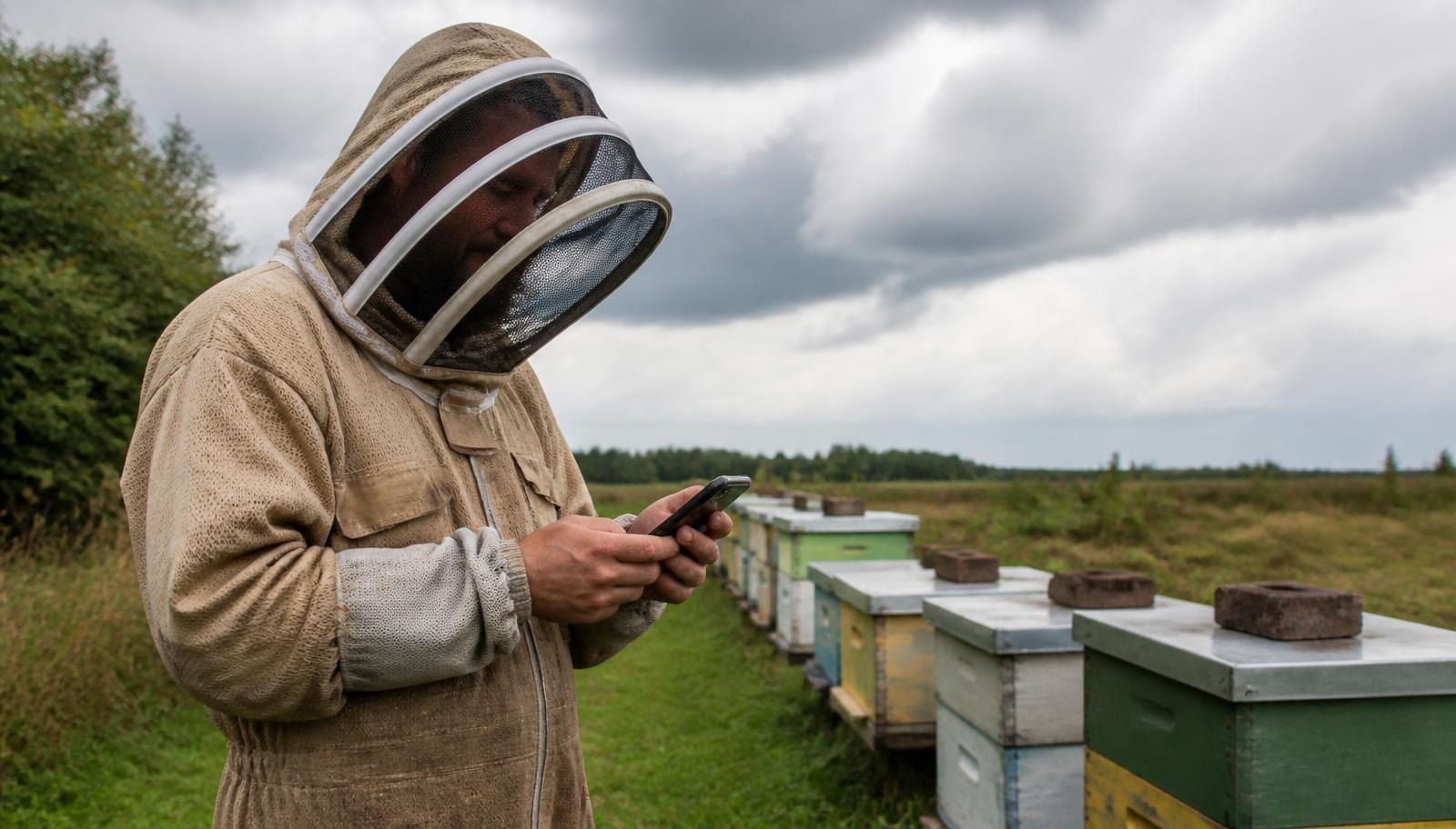 Beekeeper checking Using Weather Data Plan for hive records