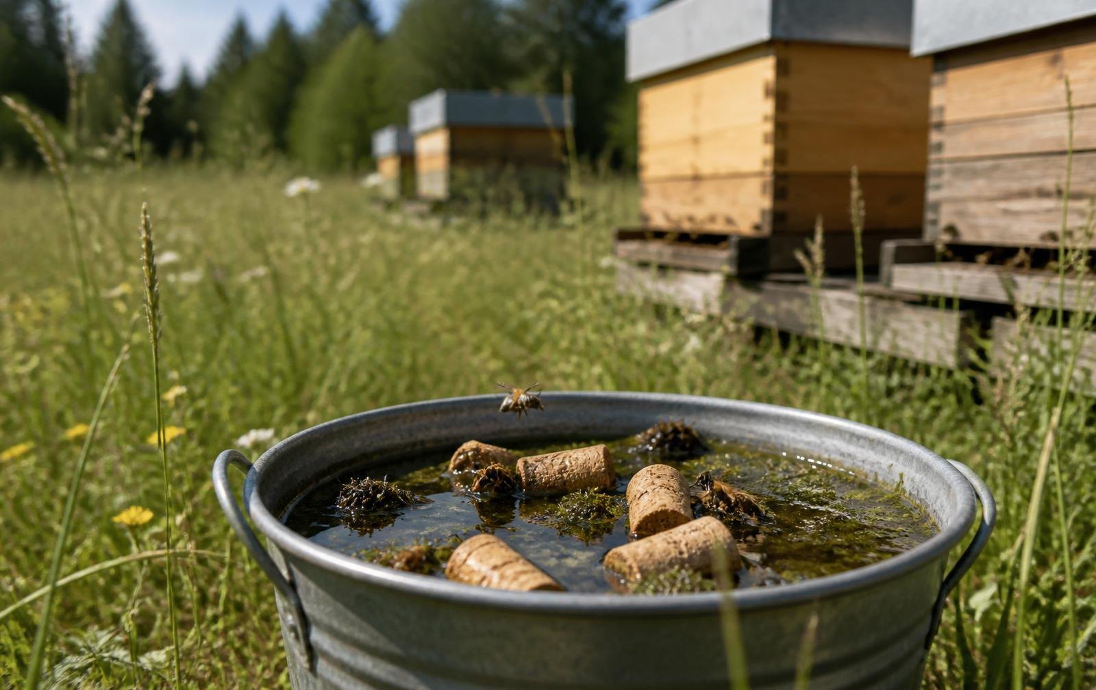 A Simple Apiary Water Station With Floating Corks And Moss