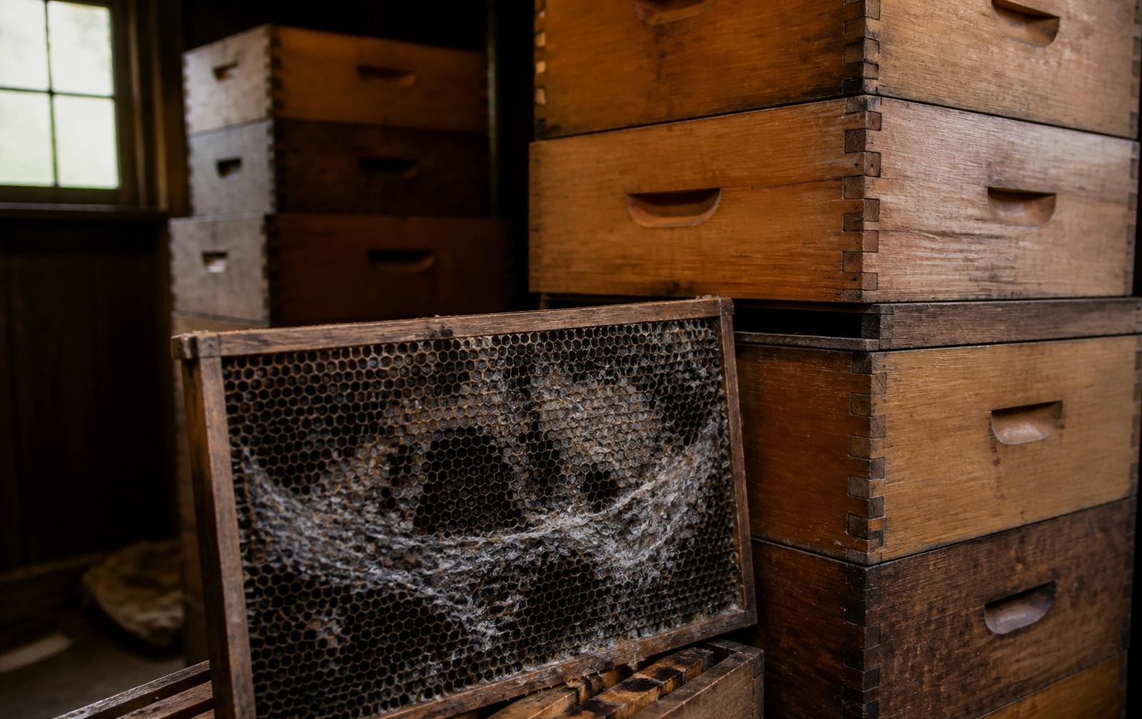 Beekeeper checking Wax Moths Protecting Stored for beekeeping equipment