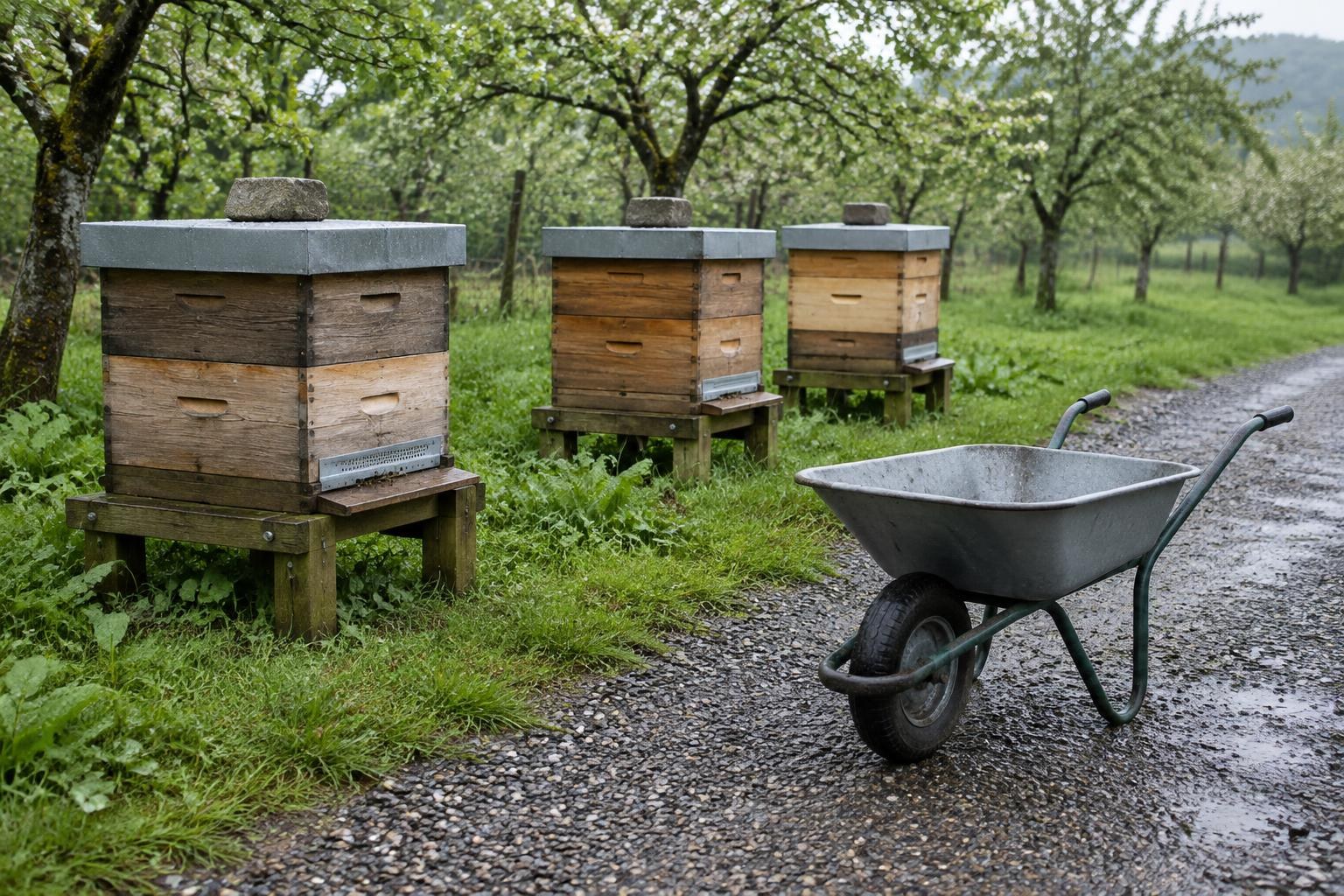 Empty wheelbarrow on a firm gravel route beside closed beehives