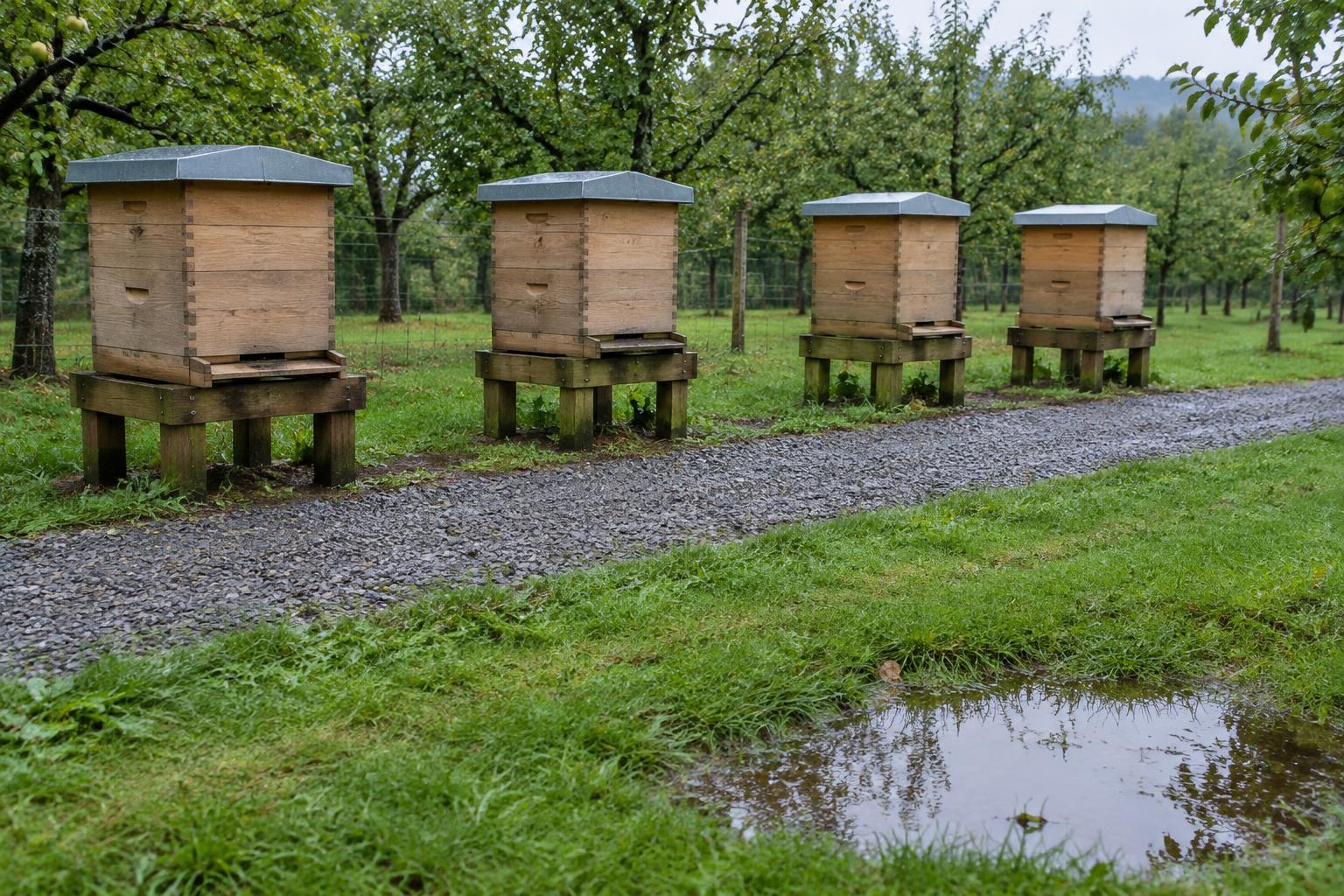 Wooden orchard hives beside a gravel path after sustained rain