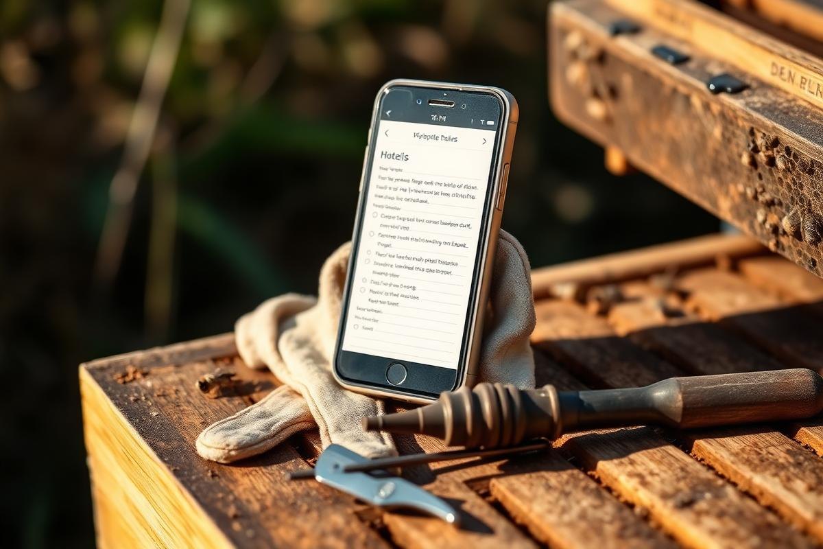 A Beekeeper Reviewing Hive Notes On A Phone Propped Against Hive