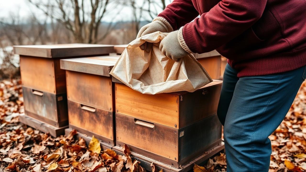 Beekeeper Preparing Hives For Winter With Insulation