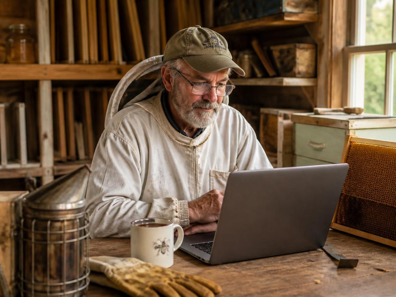 Beekeeper following an ApiaryPilot Academy course on a laptop in his workshop