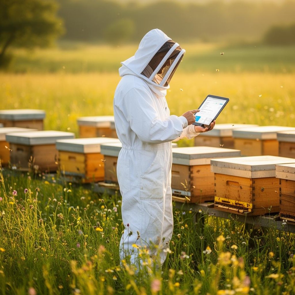 Beekeeper in the field using ApiaryPilot on a tablet between beehives