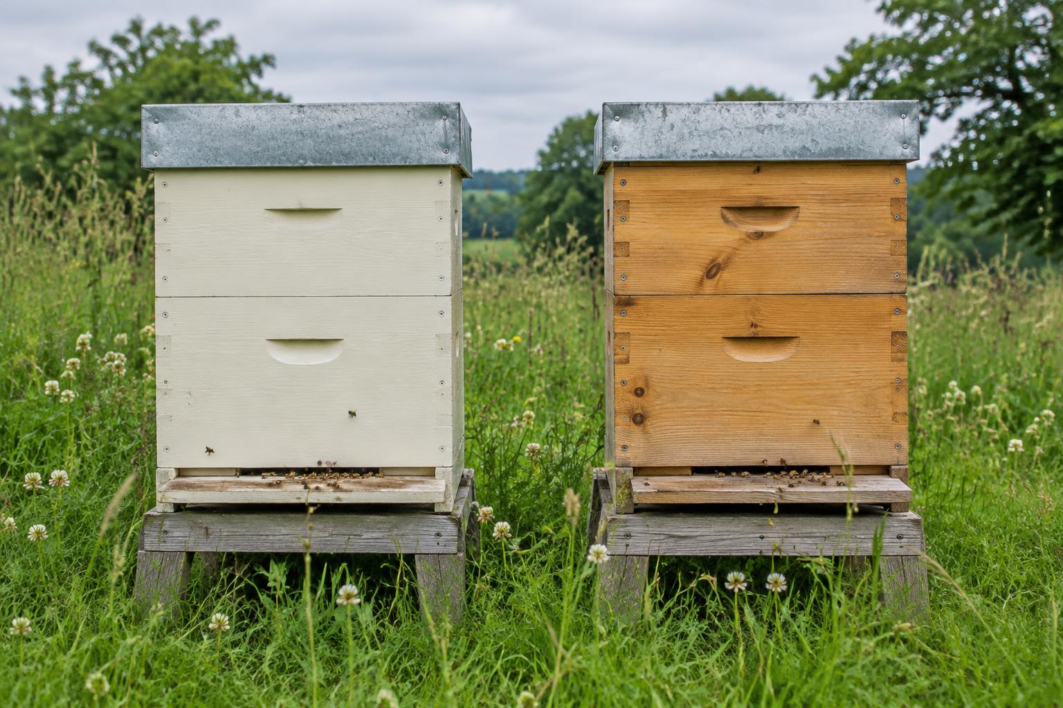 Two wooden beehives side by side on stands in a flowering meadow, one painted cream and one bare timber