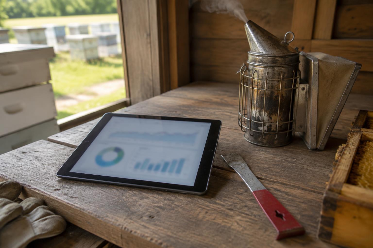 A tablet showing charts on a rustic workbench next to a smoking bee smoker and a hive tool in an apiary shed