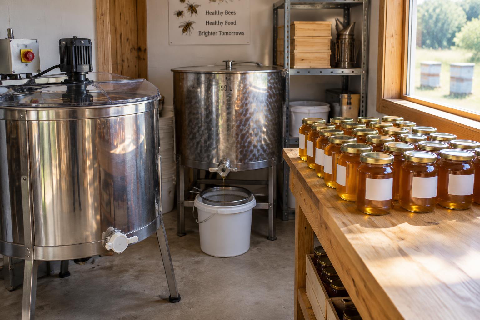 A small honey house with a stainless steel extractor, settling tank and rows of filled honey jars with blank labels on a wooden bench