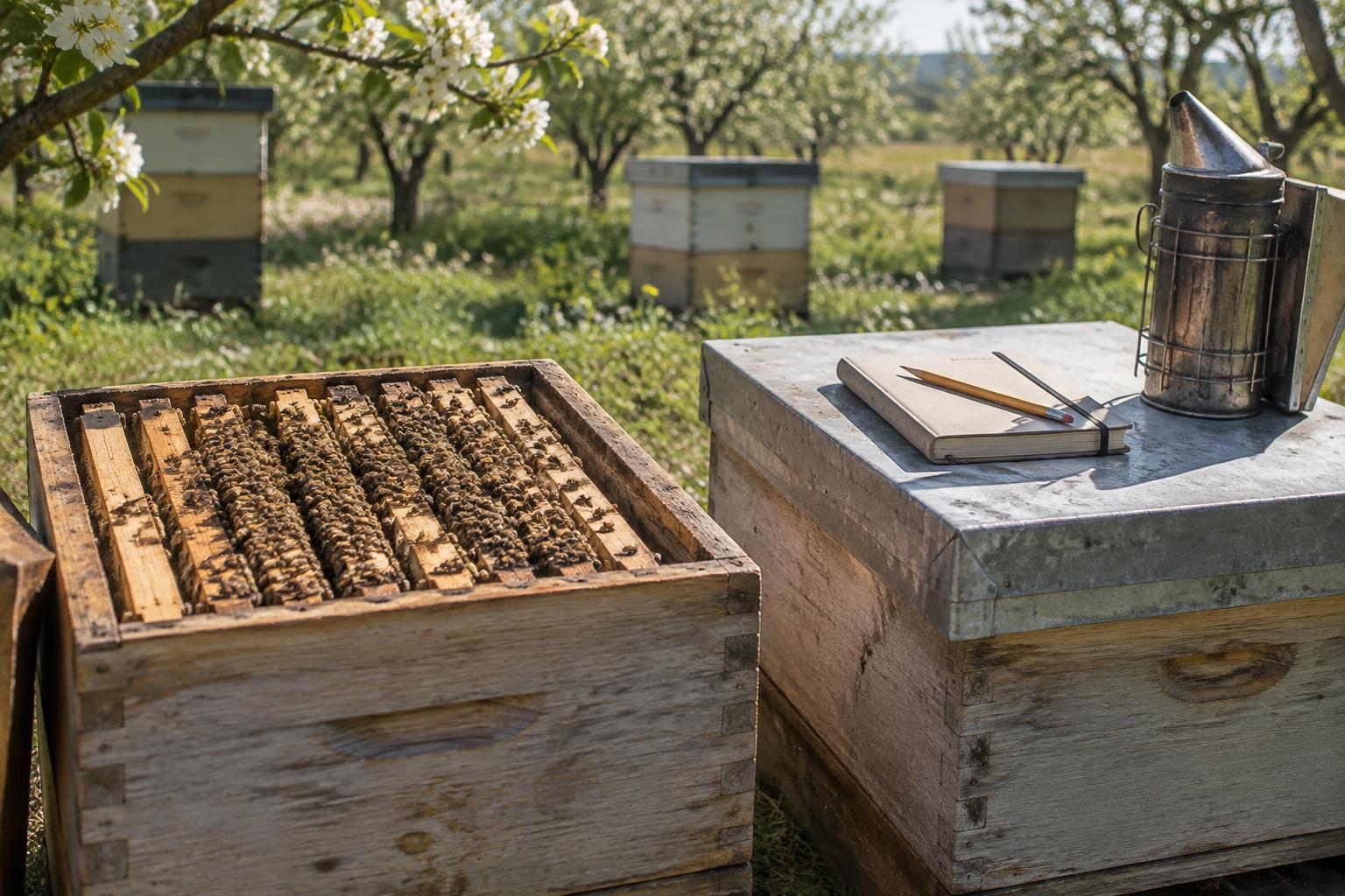 An open wooden beehive with bees on the frames, a notebook, pencil and smoker resting on the neighbouring hive lid in a blossoming orchard apiary
