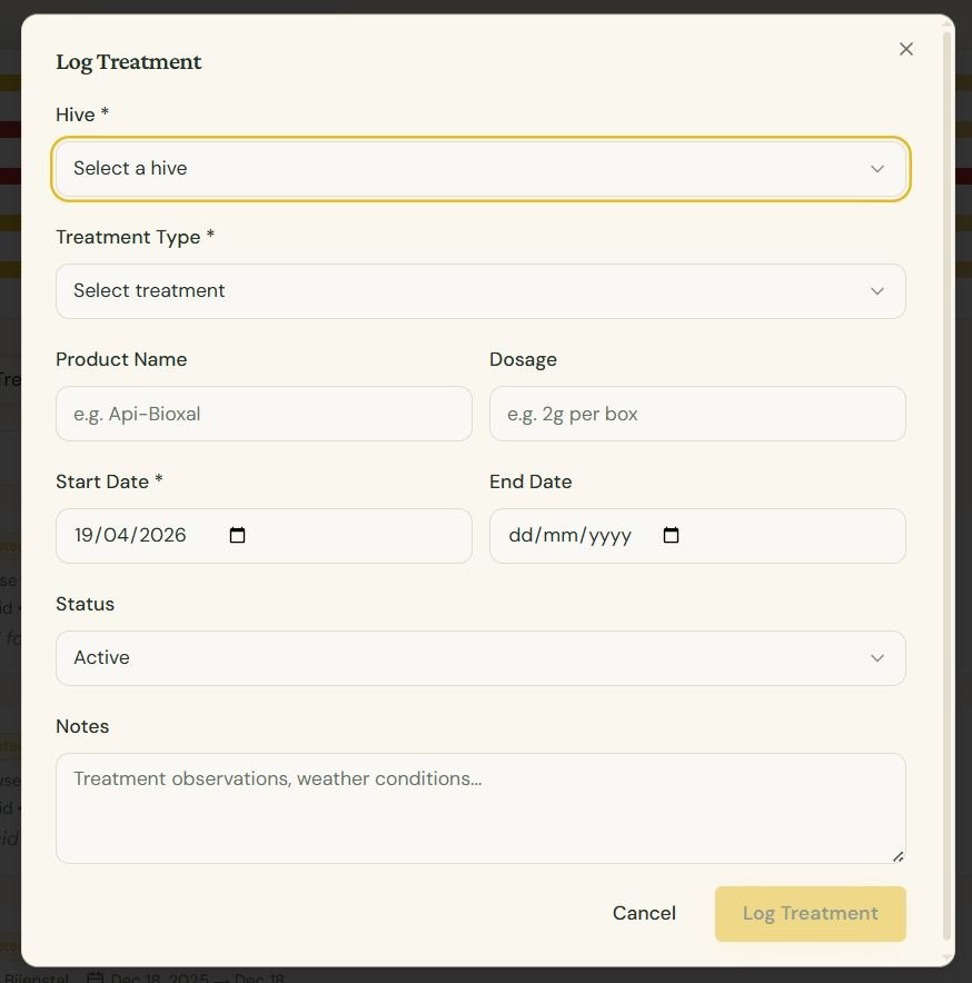 Log Treatment dialog with hive, treatment type, product, dosage, dates, status and notes fields