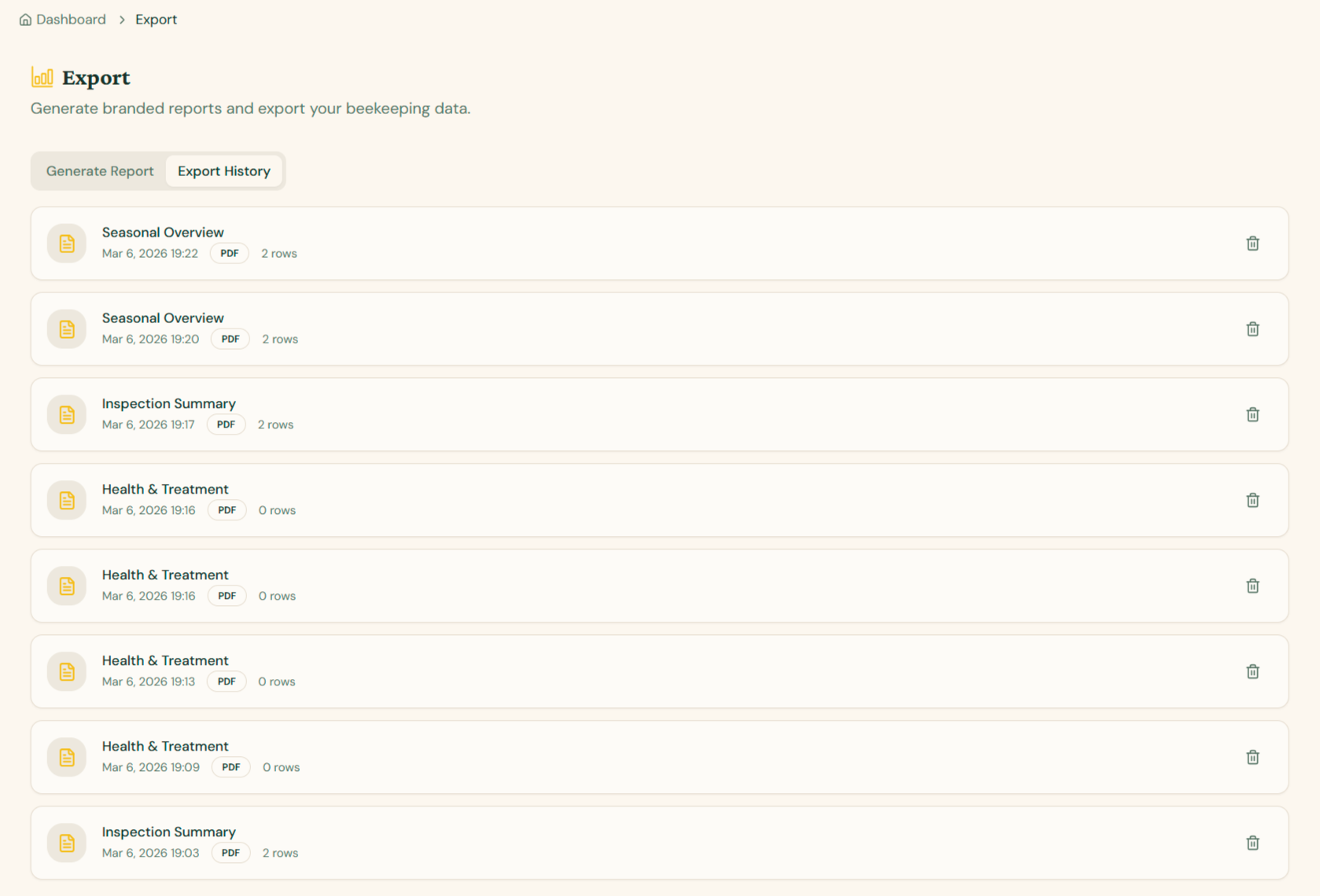 Export History tab showing a list of previously generated reports