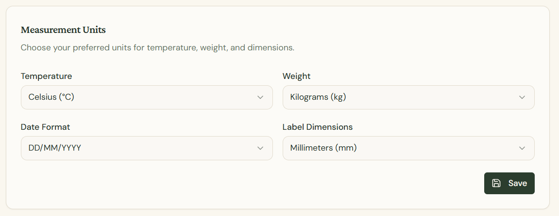 Measurement Units preferences with temperature, weight, date format, and label dimensions