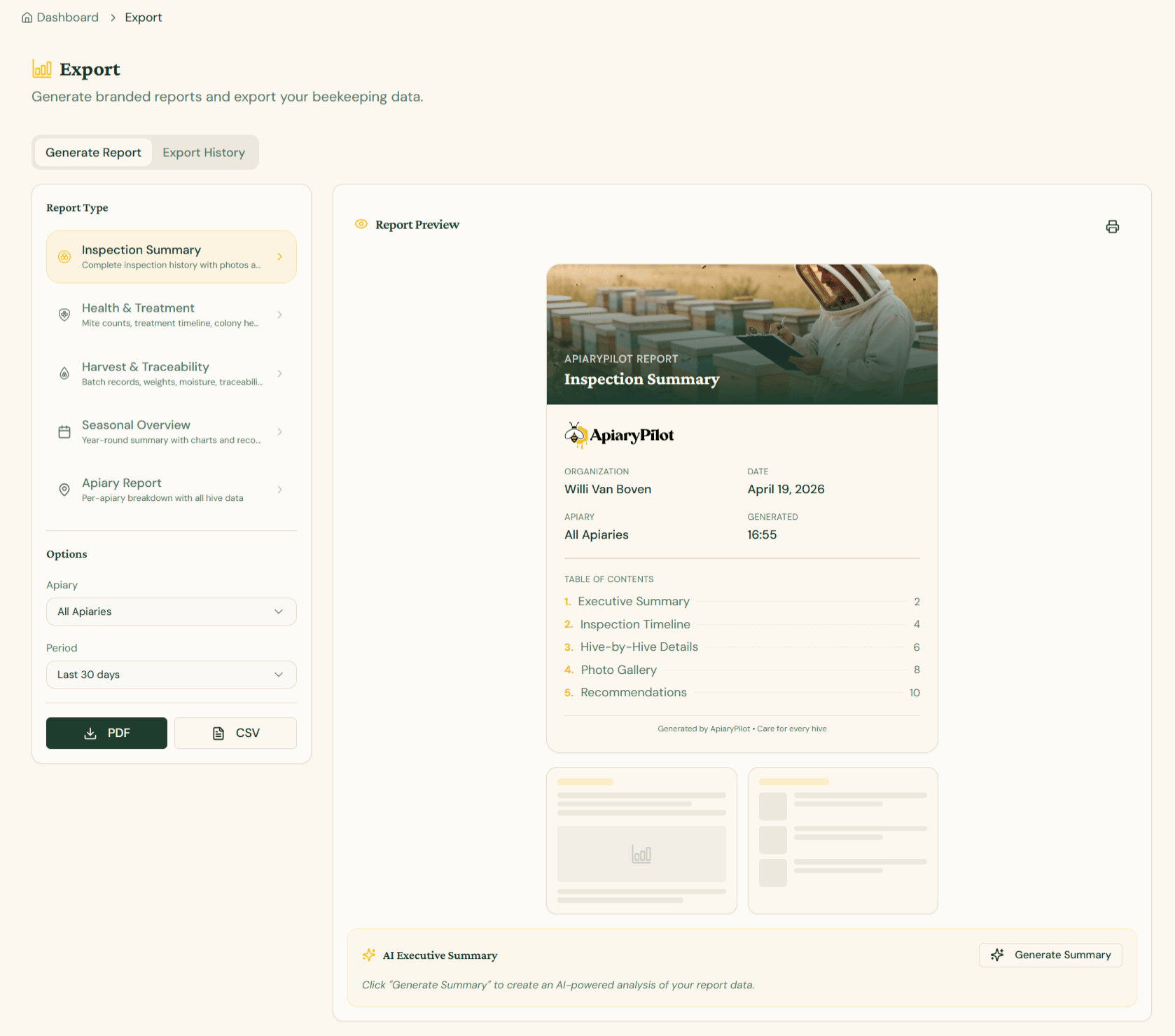 Export page with report types, options and live PDF preview