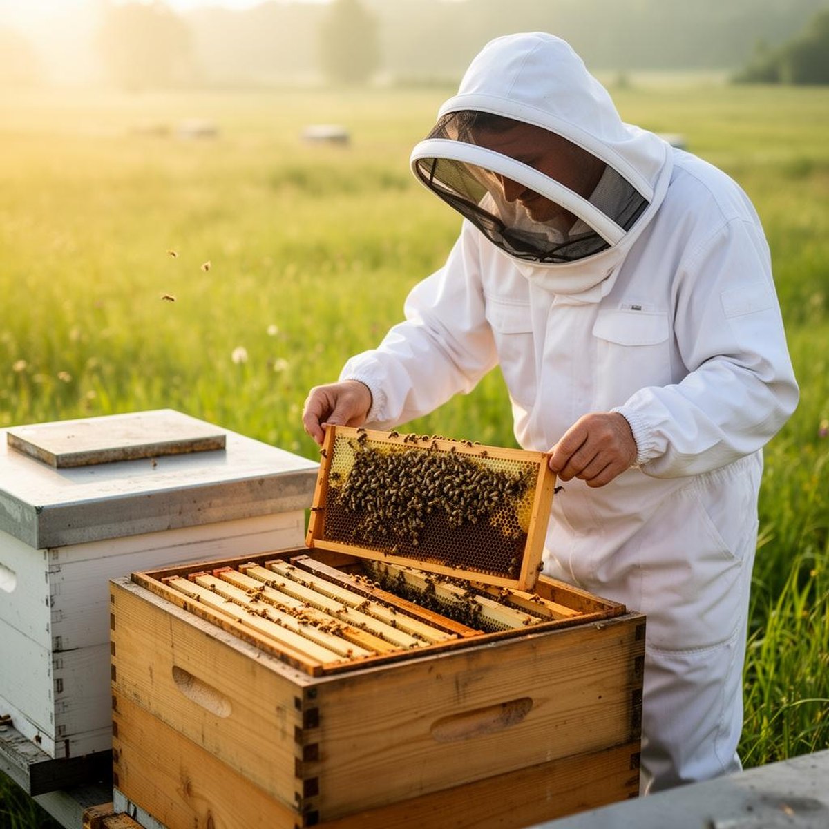 Beekeeper recording structured hive inspection notes beside open hives