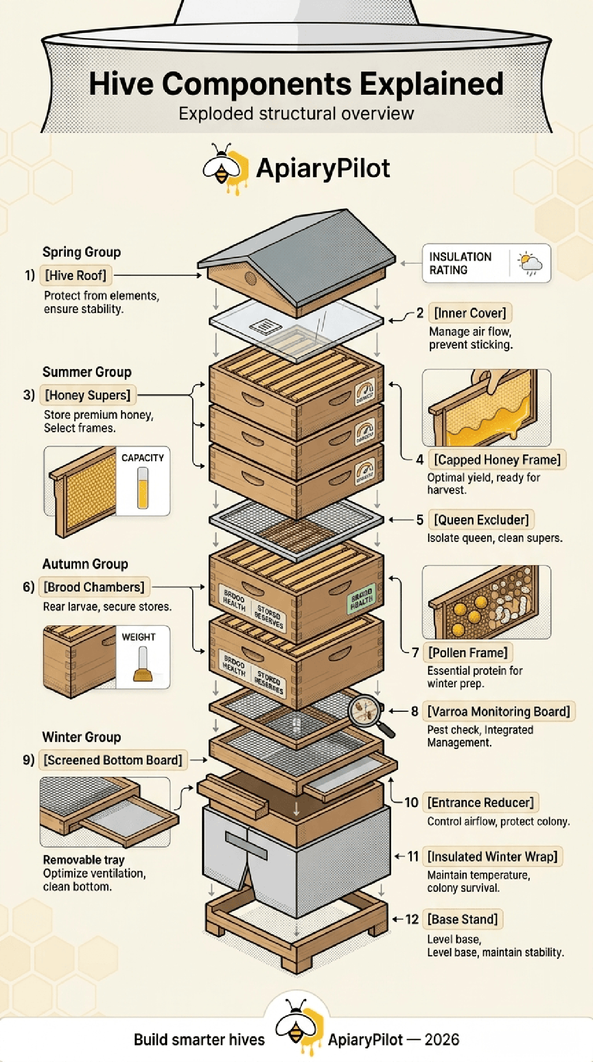 Printable Hive Components Explained Exploded Structural beekeeping infographic for apiary planning