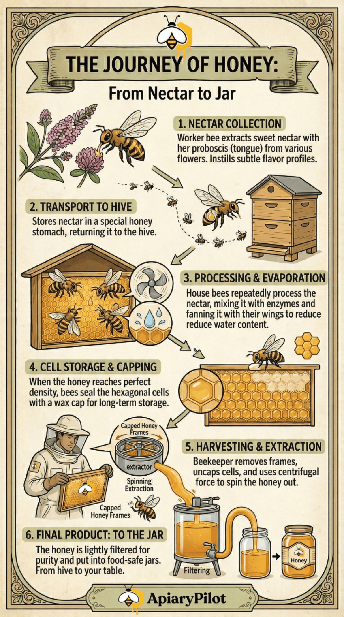 Printable Journey Honey From Nectar Jar beekeeping infographic for apiary planning