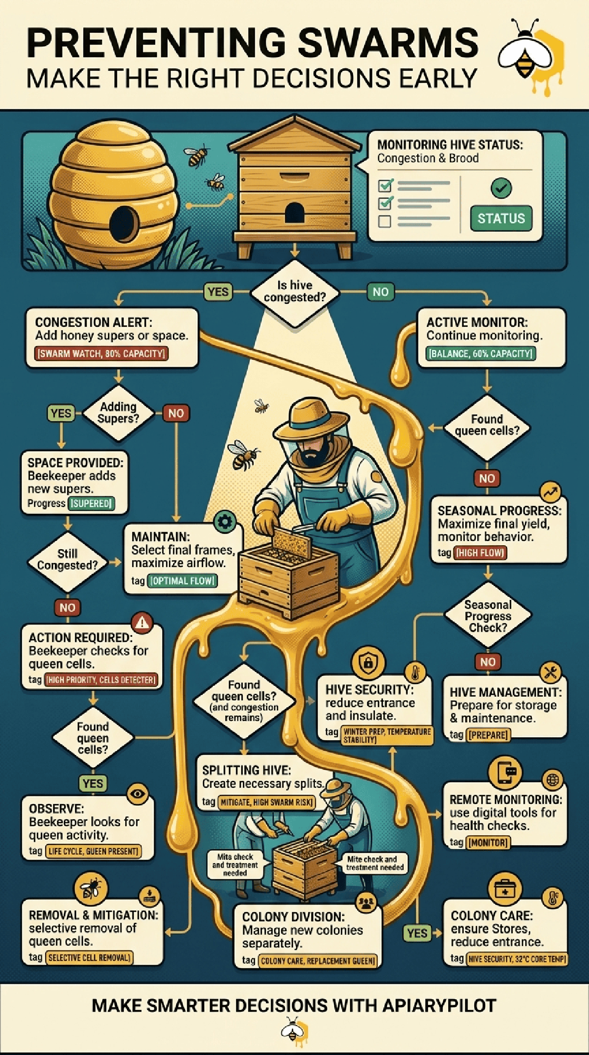 Printable Preventing Swarms Make Right Decisions beekeeping infographic for apiary planning