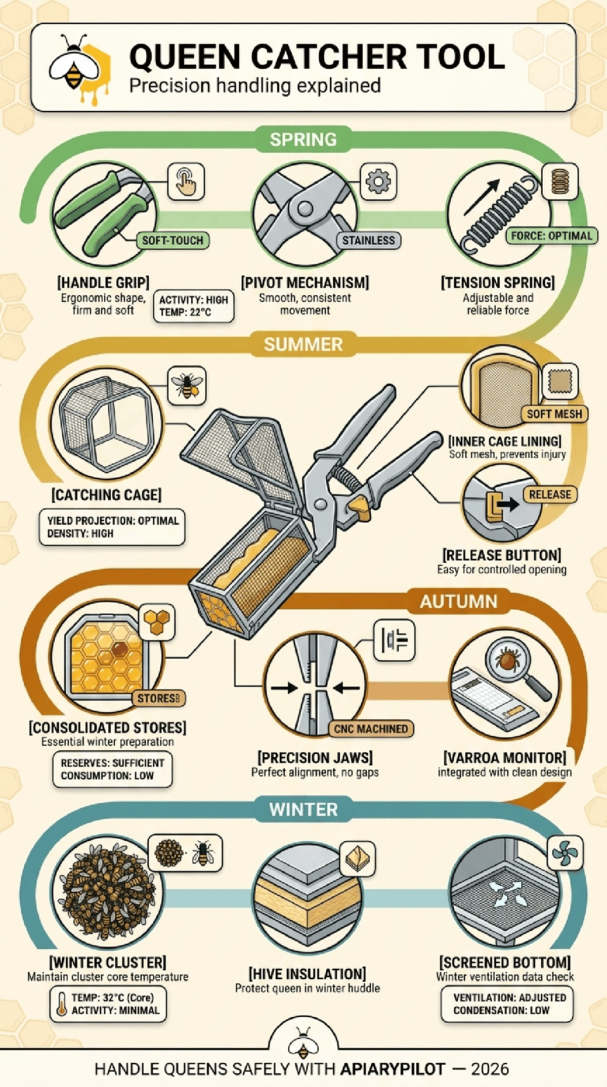 Printable Queen Catcher Tool Precision Handling beekeeping infographic for apiary planning