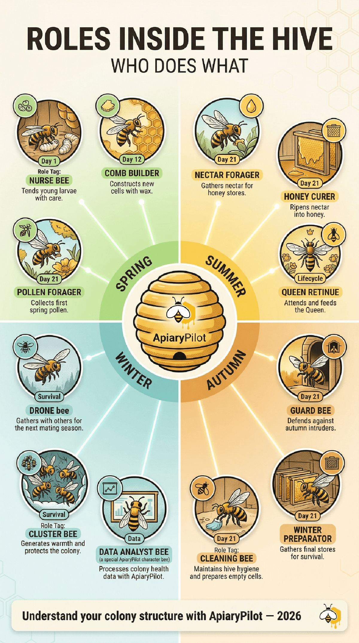 Printable Roles Inside Hive Who Does beekeeping infographic for apiary planning