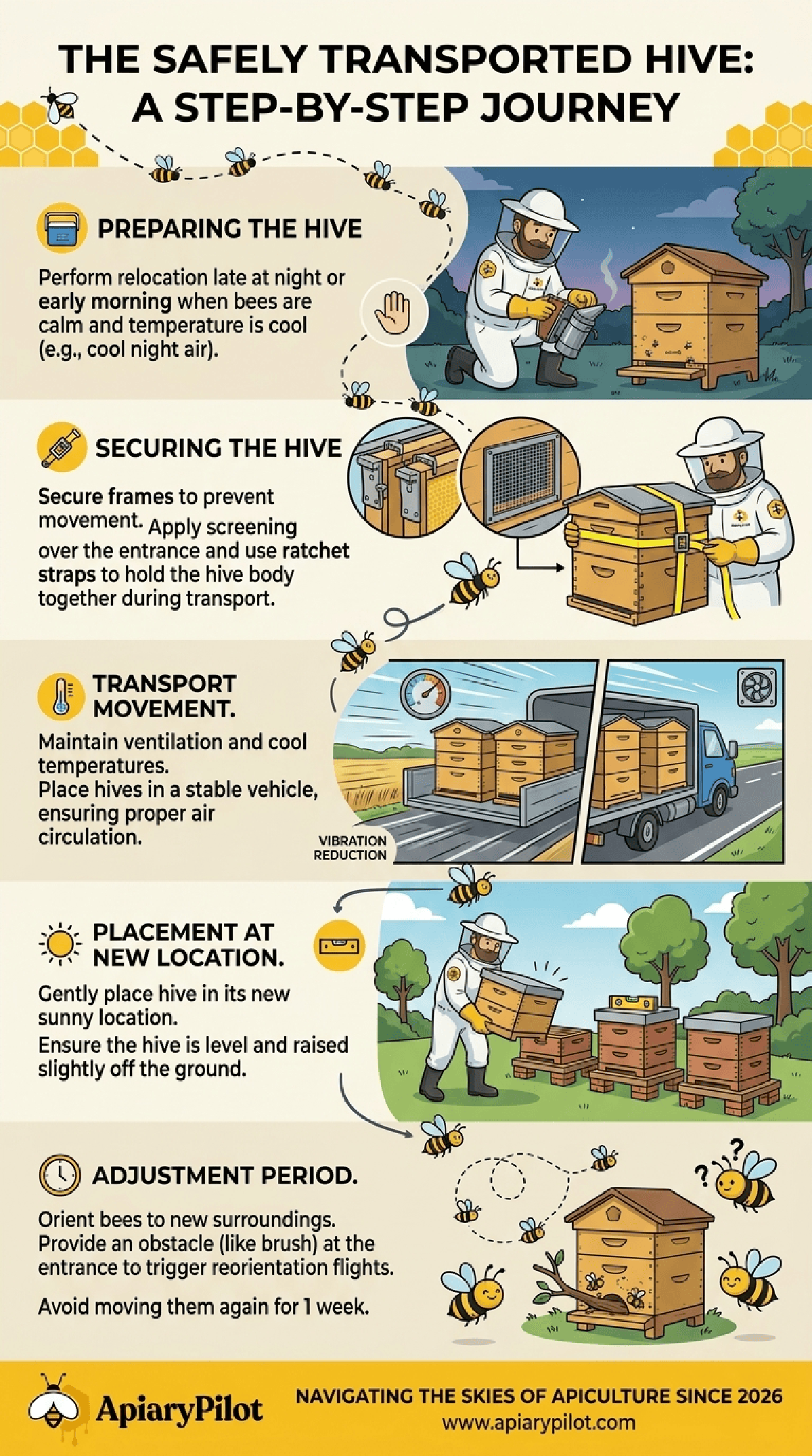 Printable Safely Transport Beehive Visual Step beekeeping infographic for apiary planning