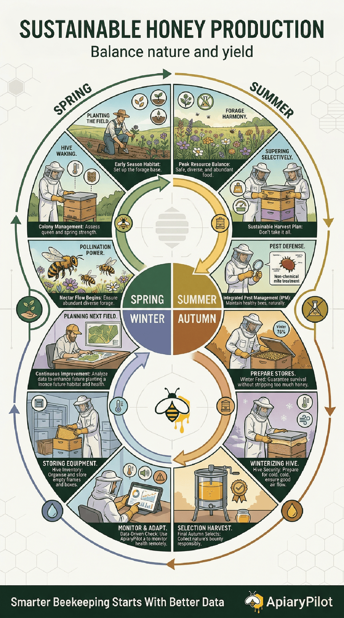 Printable Sustainable Honey Production Balance Nature beekeeping infographic for apiary planning